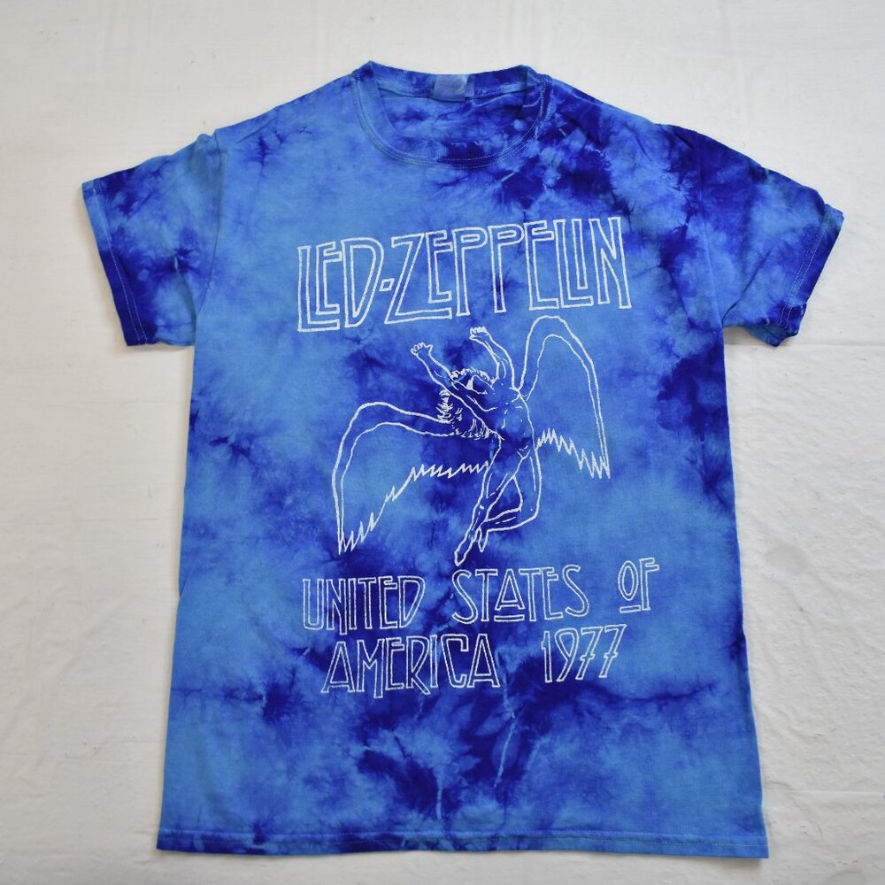 Led Zeppelin Mens USA 1977 Swan Song Icarus Graphic Blue Tie Dye Shirt New Small
